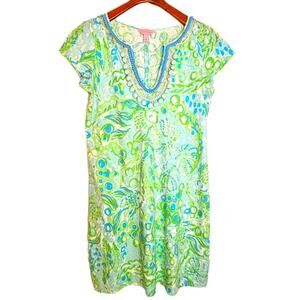 Lilly Pulitzer Blue & Green Harper Dress with Pom Poms in Any Fins Possible